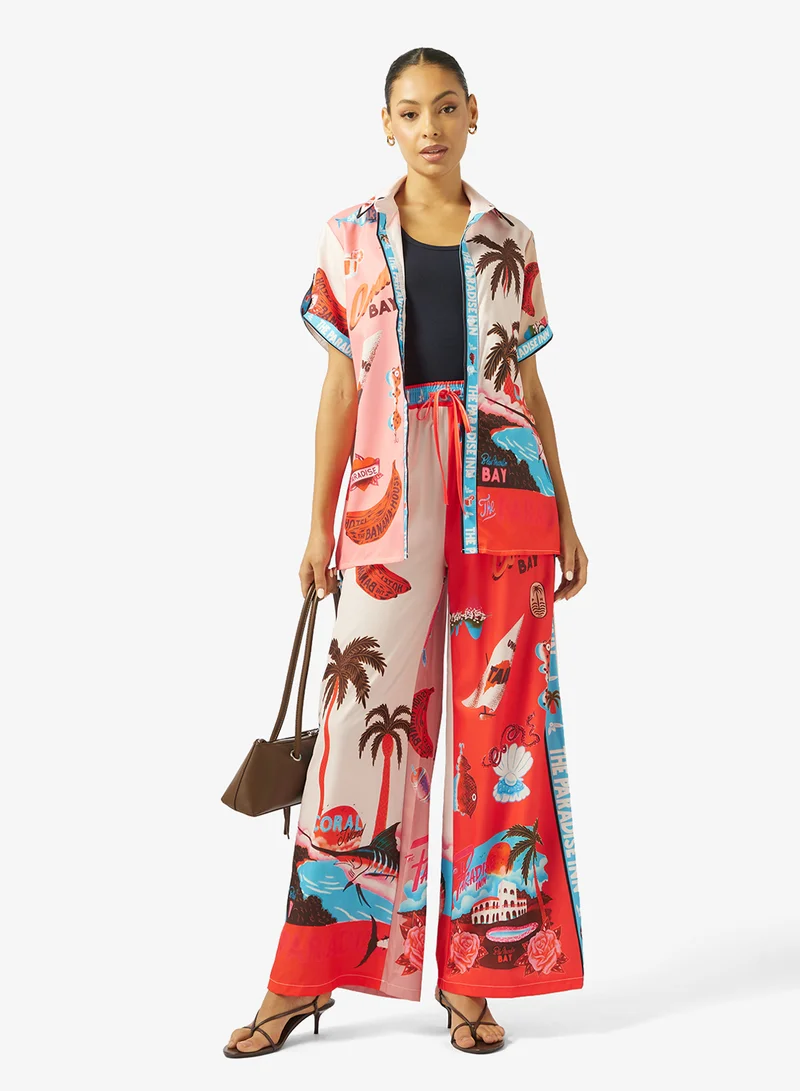 Ginger Oversize Satin Tropical Print Shirt & Pant Coord Set